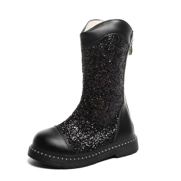 DHFJKG Girls Glitter Boots Sparkly Sequins Solid Color Round Toe Knee-High Zipper Boots For Toddler Kids Comfortable Comfort Shoes
