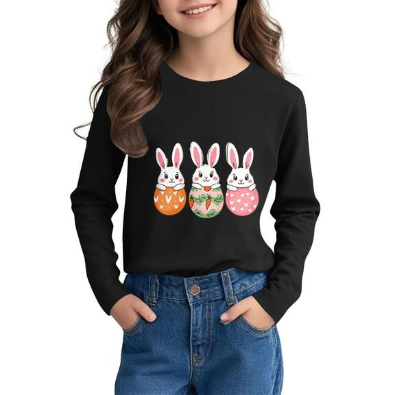 Lilgiuy Easter Bunny Shirt for Toddler Girls Boys Eggs Cute Rabbit Long Sleeve Round Neck Pullover Lightweight T-Shirts Kids Spring Tees for Egg Hunts and Easter Festivitie (Black,3-4 Years)