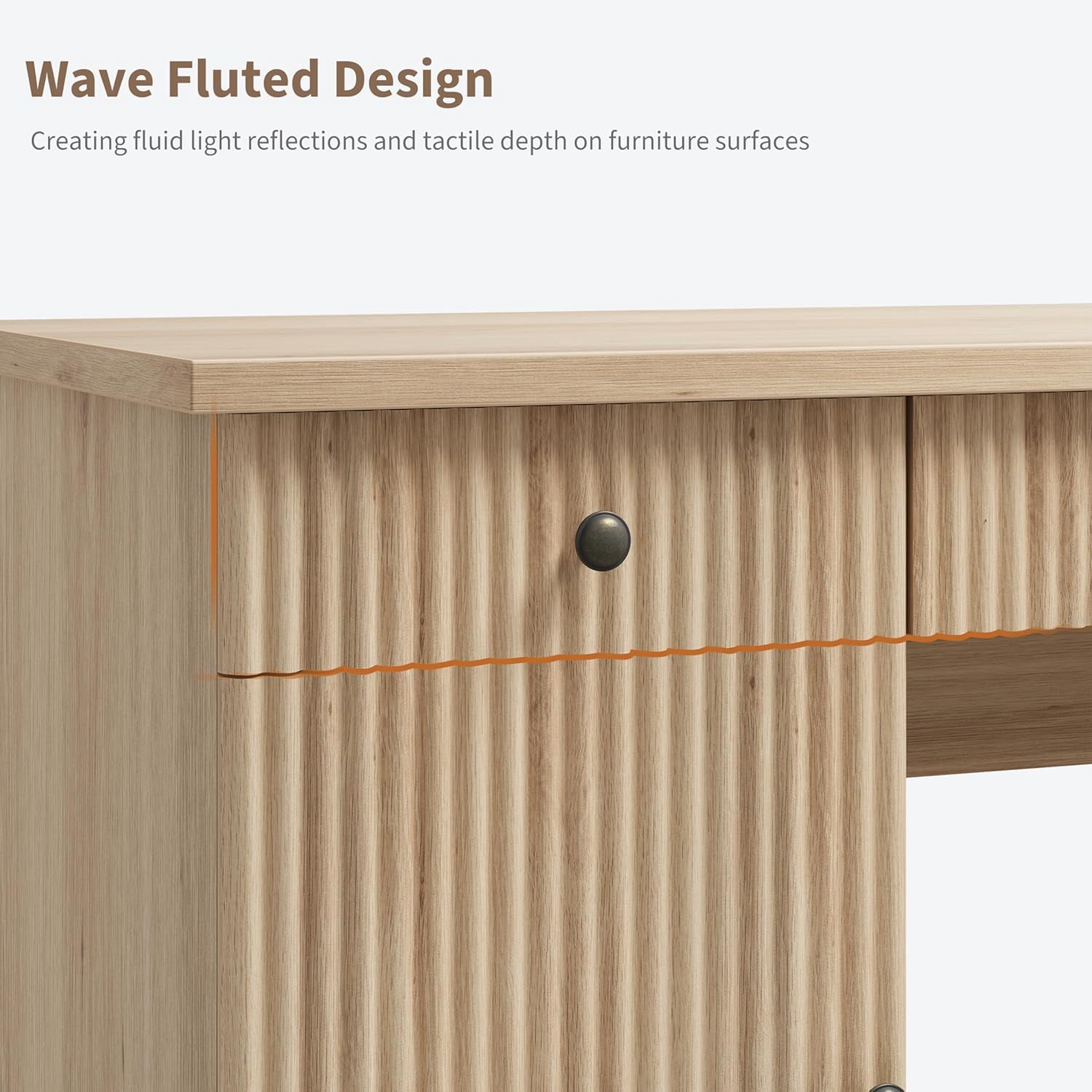 Fluted Home Office Desk Storage, 60 in Modern Executive Desk with Charging Station, Wooden Computer Writing Desk with File Cabinet & Drawers for Study, Living Room, Bedroom-Burlywood