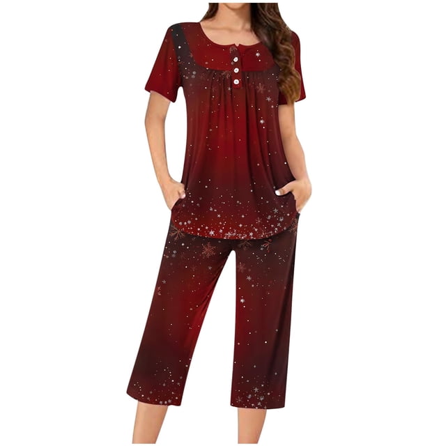 COM1950s Ensembles de Pyjama pour Femmes, Pyjamas de Noël pour Femmes, Haut à Manches Courtes avec Boutons et Col Rond Imprimé de Noël pour Femmes et Pantalon à Taille Élastique avec Poches, Ensemble de Pyjama pour Femmes