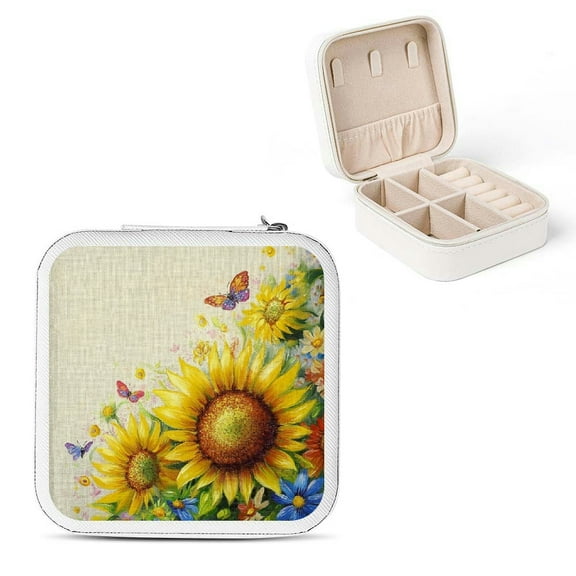 Creowell Sunflower Butterfly Small Jewelry Box for Women Travel Case White