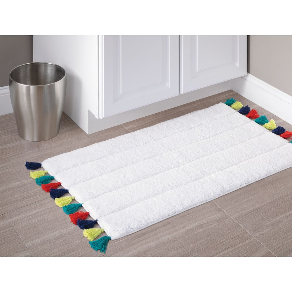 iDesign Tassel Cotton Bath Rug, White and Multicolor