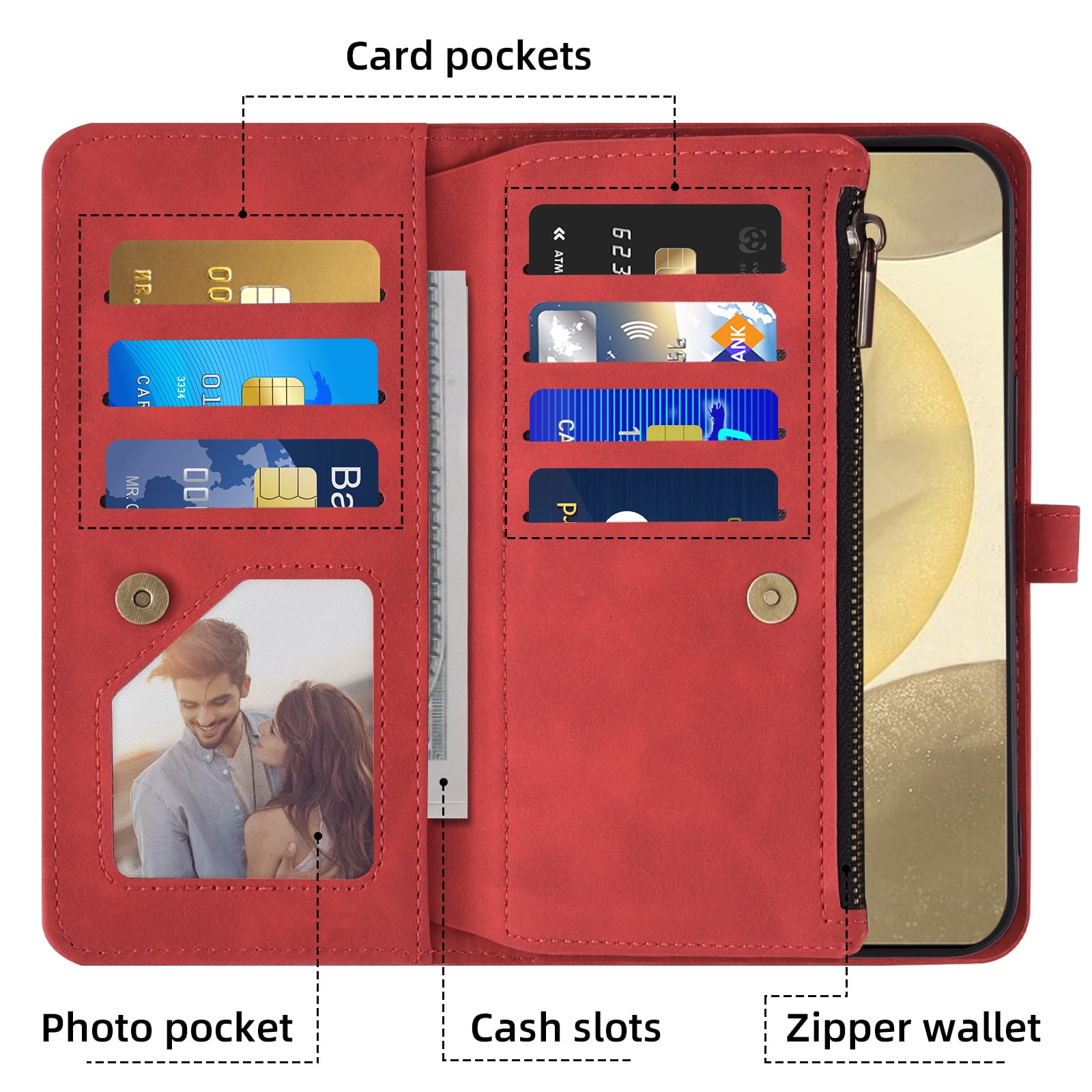 Asuwish Phone Case for Samsung Galaxy S24/S25 5G Wallet Cover With Tempered Glass Screen Protector Crossbody Wrist Strap Flip Pattern Zipper Credit Card Holder Cell S 24 24S 25 25S G5 SM-S931U Red