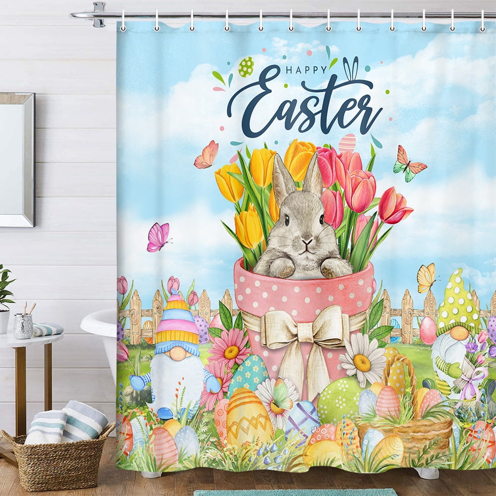Easter Shower Curtain, Happy Easter Bunny Rabbit Gnome Shower Curtain