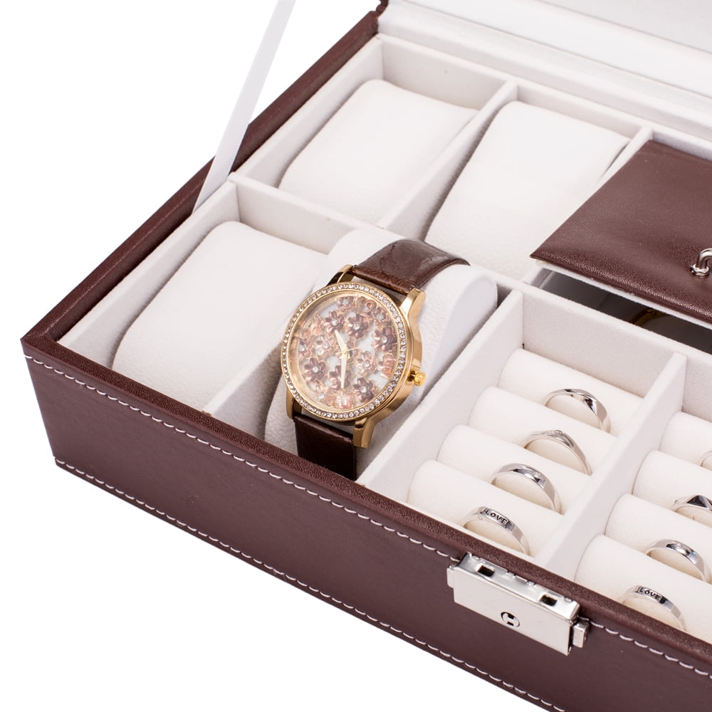Lowestbest 8 Slots Jewelry Watch Box, Organizer Storage Case with Lock and Mirror for Men Women, Brown Lowestbest 8 Slots Jewelry Watch Box, Organizer Storage Case with Lock and Mirror for Men Women, Brown