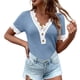 thumbnail image 1 of Camisa de Punto de Manga Corta para Mujer Cuello en V Empalme de Encaje Elegante Transpirable Slim Fit Camisa de Punto para Mujer Top para el Trabajo Diario Azul Claro XL, 1 of 6