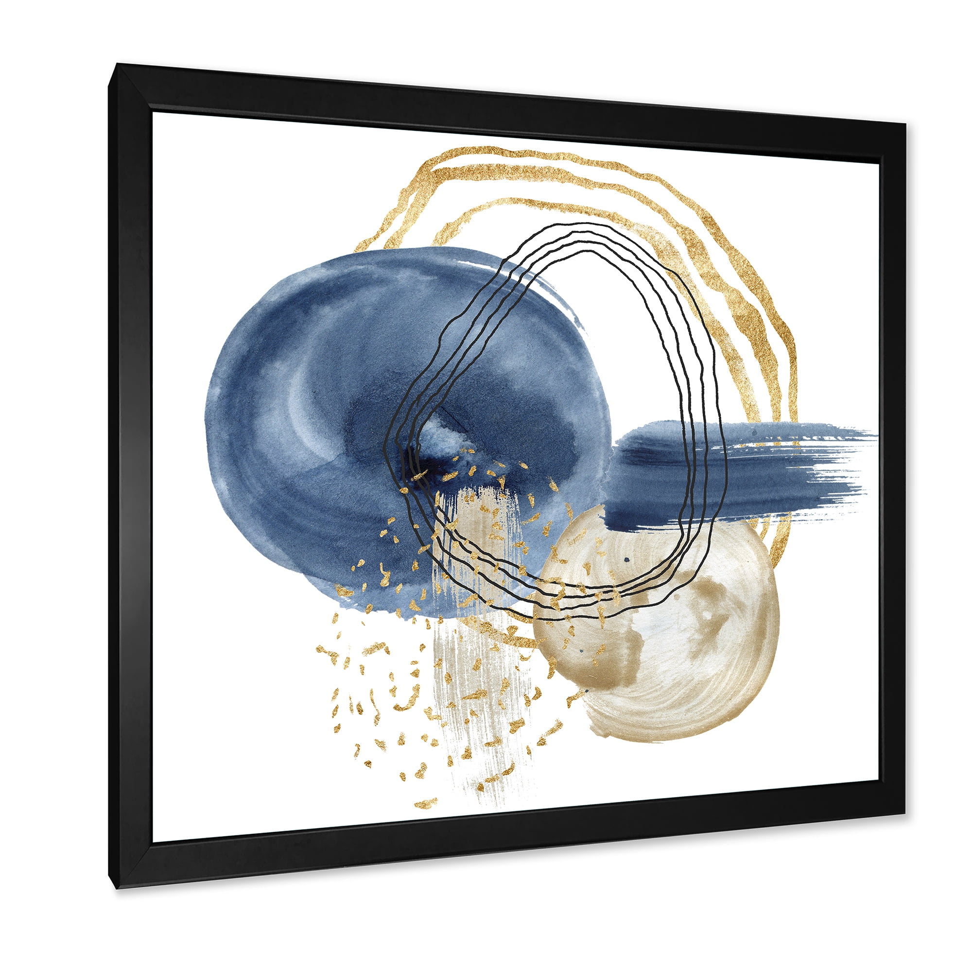 Designart 'Abstract Black and Dark Blue Gold Underwater Life' Modern Framed Art Print