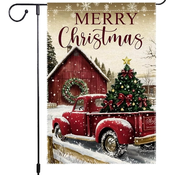 Red Truck Christmas Garden Flag 12x18 Inch Double Sided Small Burlap Yard Decoration Vintage Farmhouse Holiday Flag Outdoor Winter Merry Christmas Decor