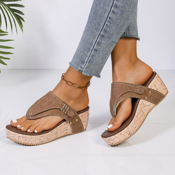 THDHVS Wedges Heels for Women,Womens Sandals,Women's Cork Footbed Slide Sandals Arch Support Summer Outdoor Sandals Brown 5.5