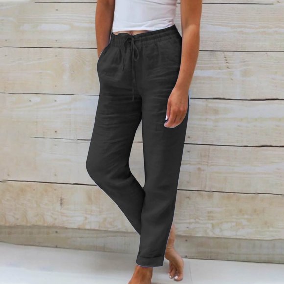 LOVZFMLL Women's Pants, Spring Solid Color Elastic Waist Linen Versatile Straight Leg Casual Wide Leg Pants Black, L