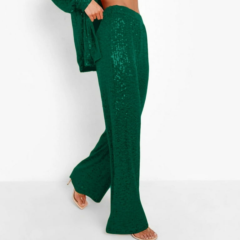 JWZUY Womens Solid Sequins Pants Glitter Shiny Rove Pant Dressy Fancy Pants  Ankle Length Elastic Waist Pant Green M 