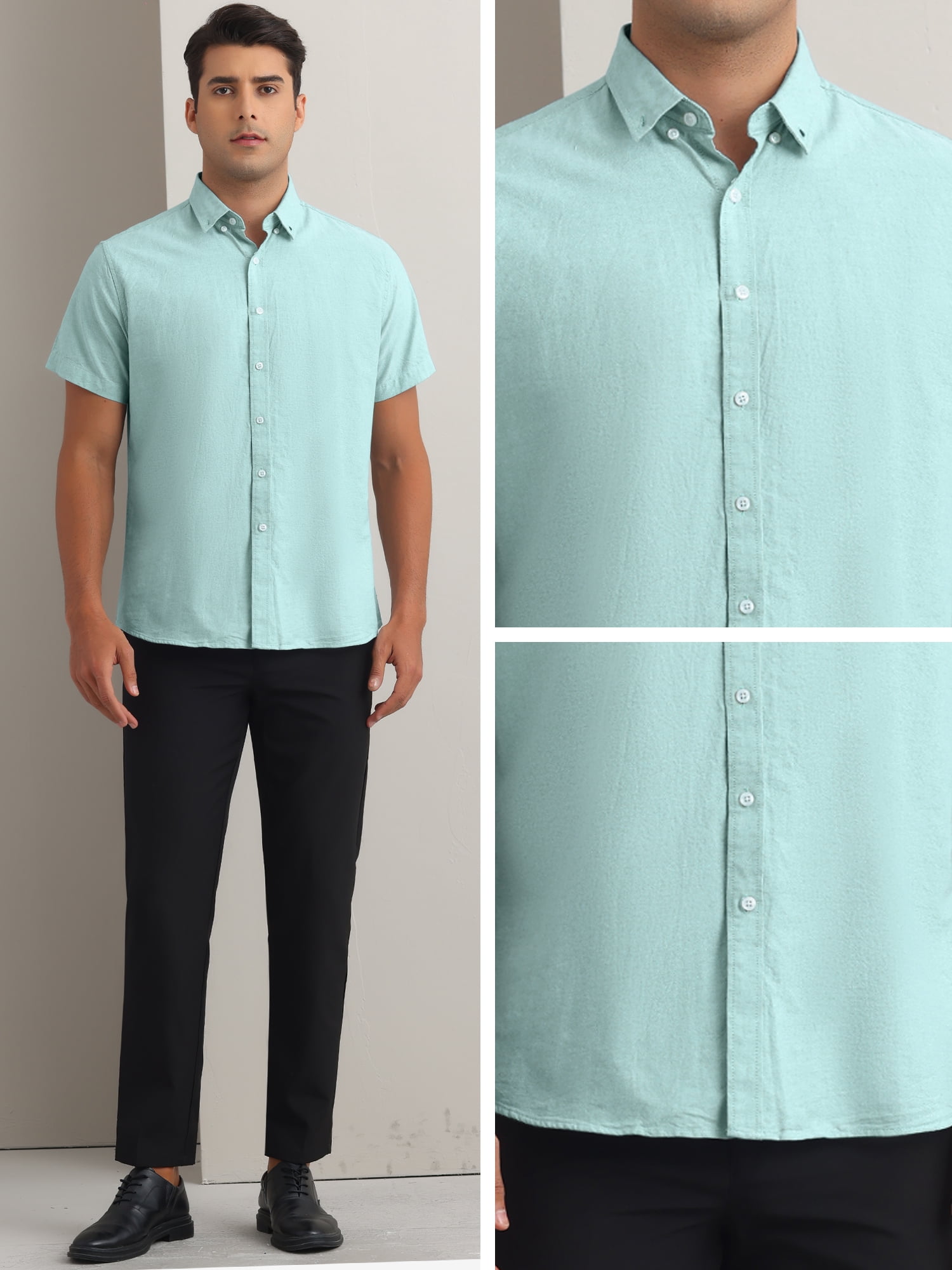 Unique Bargains Men's Short Sleeve Cotton Regular Fit Button Down Formal Shirt M Green