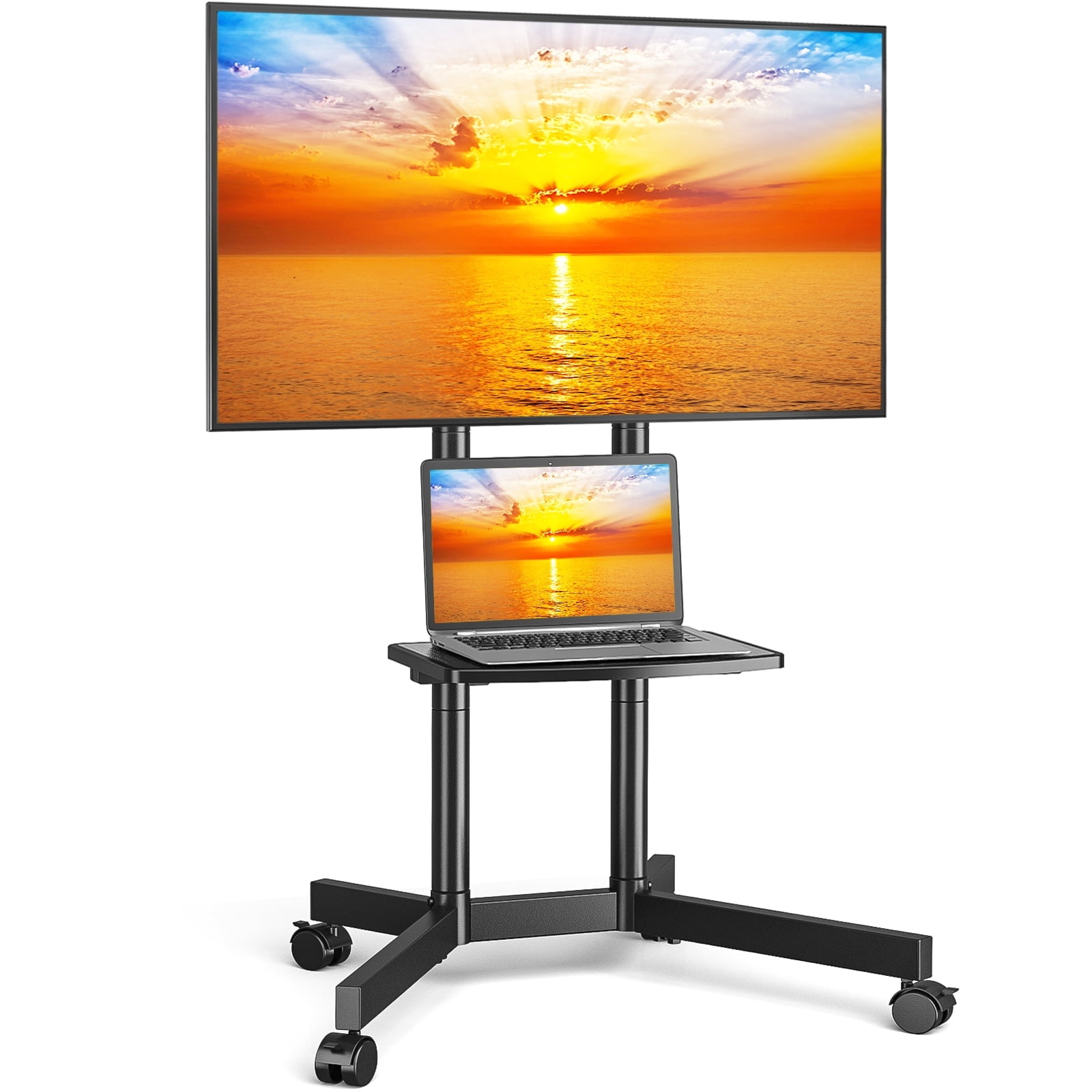 RTVR Rolling Mobile TV Cart Stand on Wheels for 32 to 75 inch Flat Curved Screens, Portable Movable TV Stand with Shelf, Modern Black