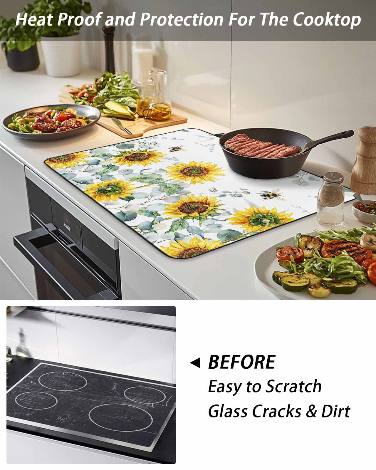 Stove Top Covers for Electric Stove, Sunflower Glass Stovetop Cover Protector, Sage Green Summer Botanical Eucalyptus Farmhouse Bee Induction Cooktop Protector Oven Mat for Kitchen Countertop 24"x21"