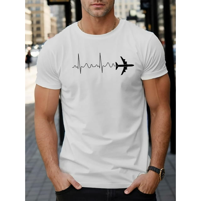 Men's Casual Short Sleeve T-Shirt with Airplane & Electrocardiogram Design - Breathable Polyester, Crew Neck, Machine Washable - Perfect for Summer, Simple, Top Tee For Adult, Men, Women, Teen, Teena