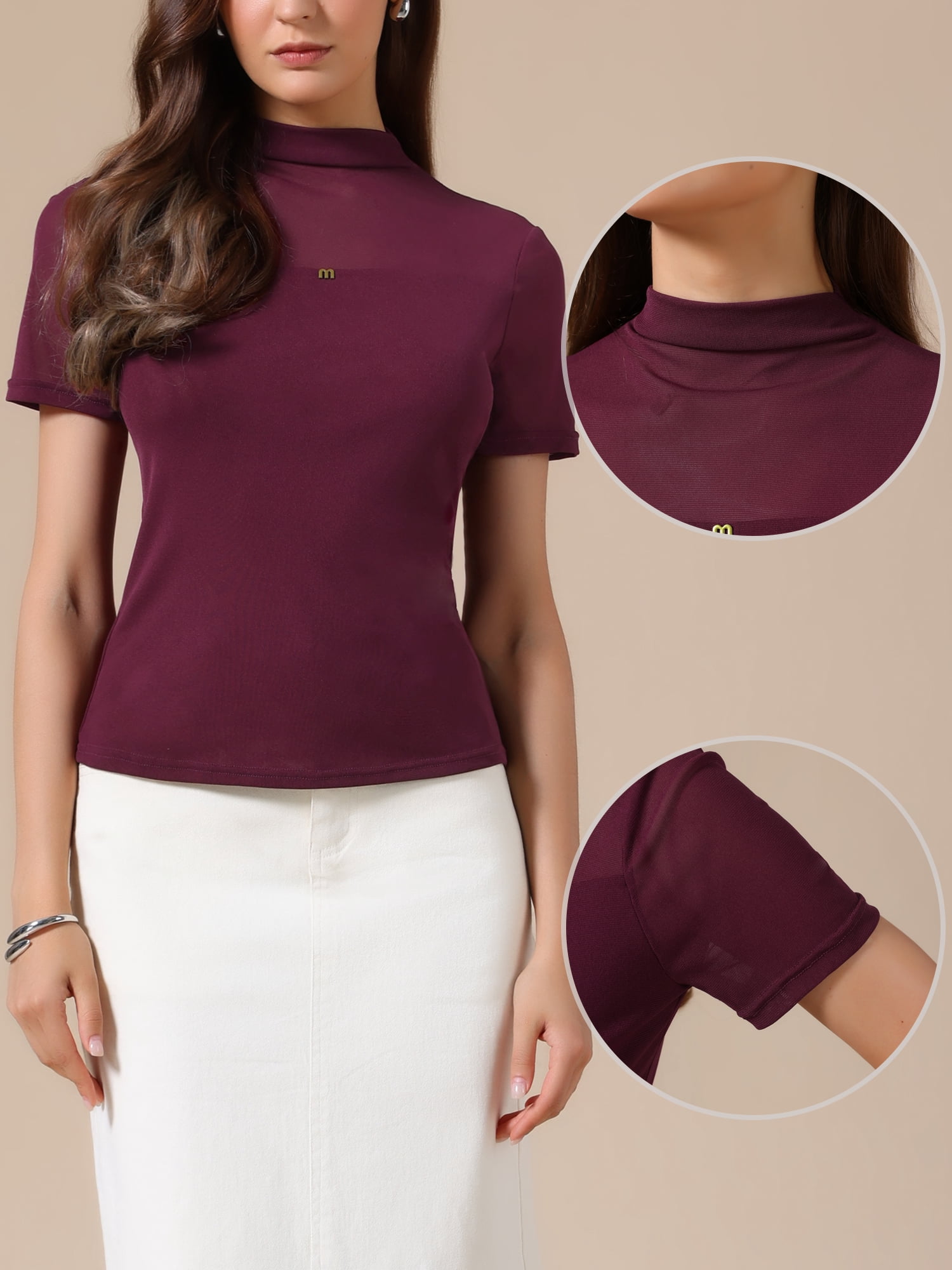 DARING DIVA Women's Mock Turtle Neck Short Sleeve Top Sheer Mesh Shirts 2XL Wine Red