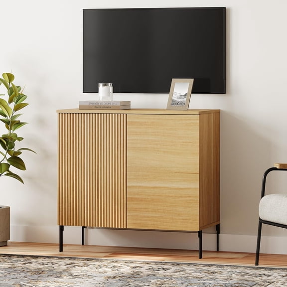 WAMPAT 31.5" W Fluted TV Stand TVs up to 35", Modern TV Entertainment Center with Storage and Adjustable Shelves, Wood Media TV Consoles Table with Storage for Living Room