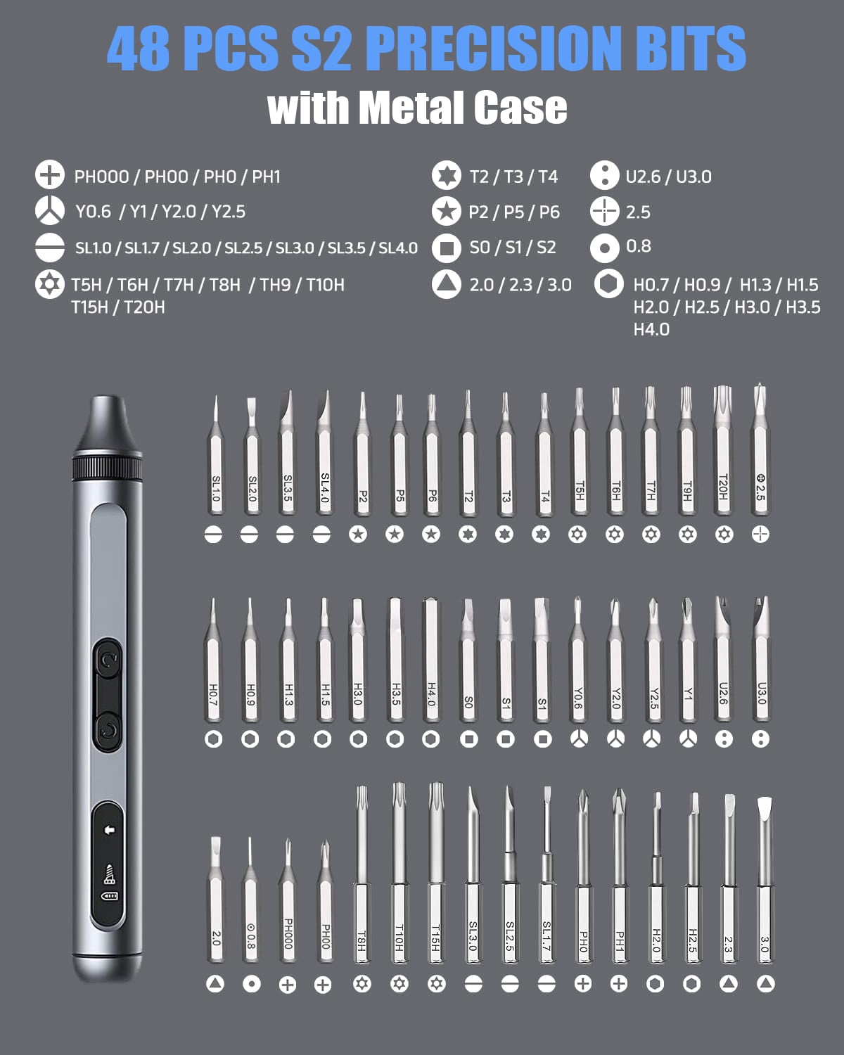 Mini Electric Screwdriver, 50 in 1 Electric Screwdriver Kit with 48 Magnetic Bits, S2 Precision Bits, LED Light, Small Magnetic Professional Repair Tool Kit for Eyeglass, Watch, PC, Laptop, Phone