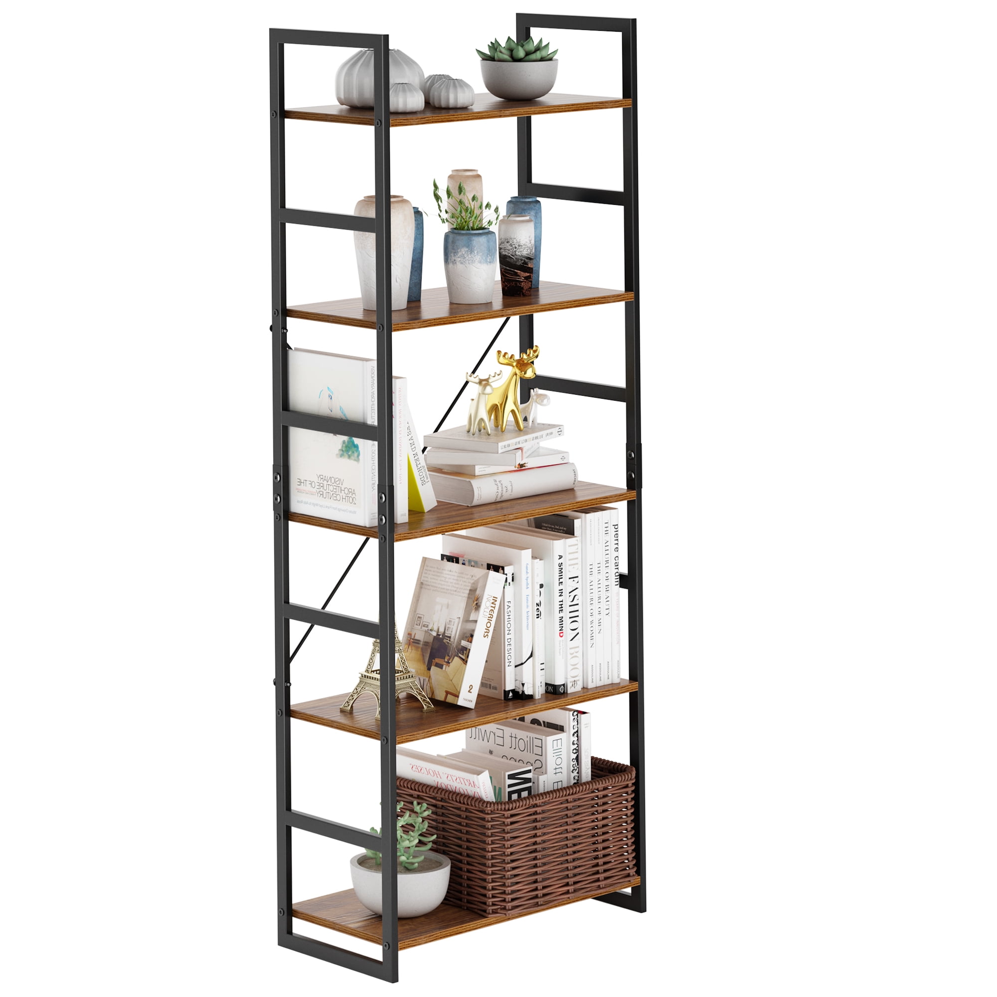 New Arrival Antique Design 5-Tier Black Metal and Wood Storage Shelf Bookcase