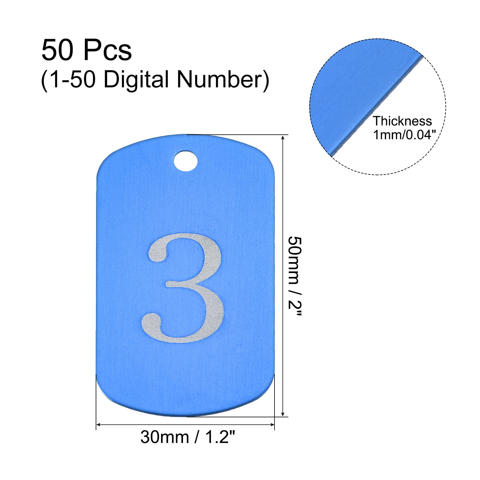 Uxcell Numbered Tag, Aluminum Key Tags Metal ID Tags, 1-50 Number with Ring Blue Rectangle for Decoration, Pack of 50