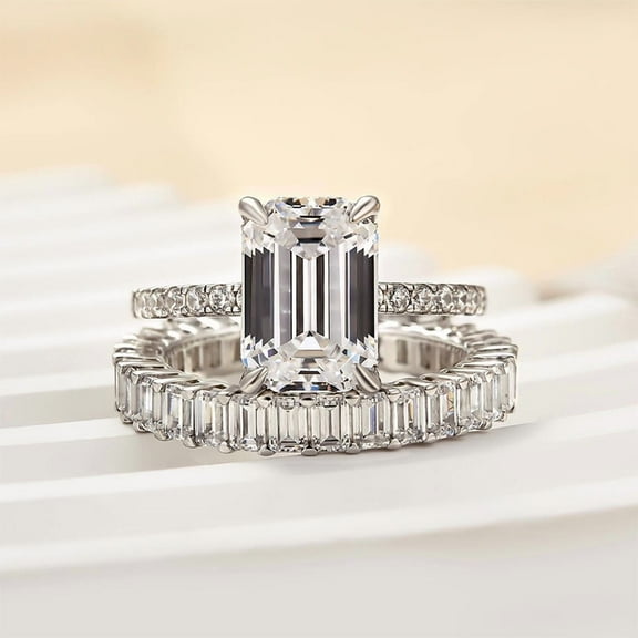 Kalapi Jewelry Moissanite Ring Set for Her - 14K White Gold Plated - 1.5 Ct Emerald Cut Engagement Ring Set with Eternity Band - Solitaire with Accents Ring Set for Weddings