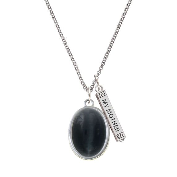 Delight Jewelry Silvertone Oval - Imitation Cat's Eye - Black - Silvertone Always My Mother Bar Charm Necklace, 23"