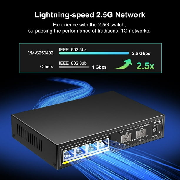 V 6 Port 2.5G Unmanaged Network Switch, 4X 2.5Gbase-T Ports, 2X 10G SFP,  60Gbps Ethernet Switching Capacity, One-Key VLAN, Metal Housing, Fanless,  Work for 2.5Gbps NAS, Wireless AP & PC 