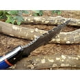 thumbnail image 6 of Damascus steel 10" Long full tang tracker Knife hand forged twist pattern, Colored bone & bull horn scale, thick Cow hide leather sheath, 6 of 7