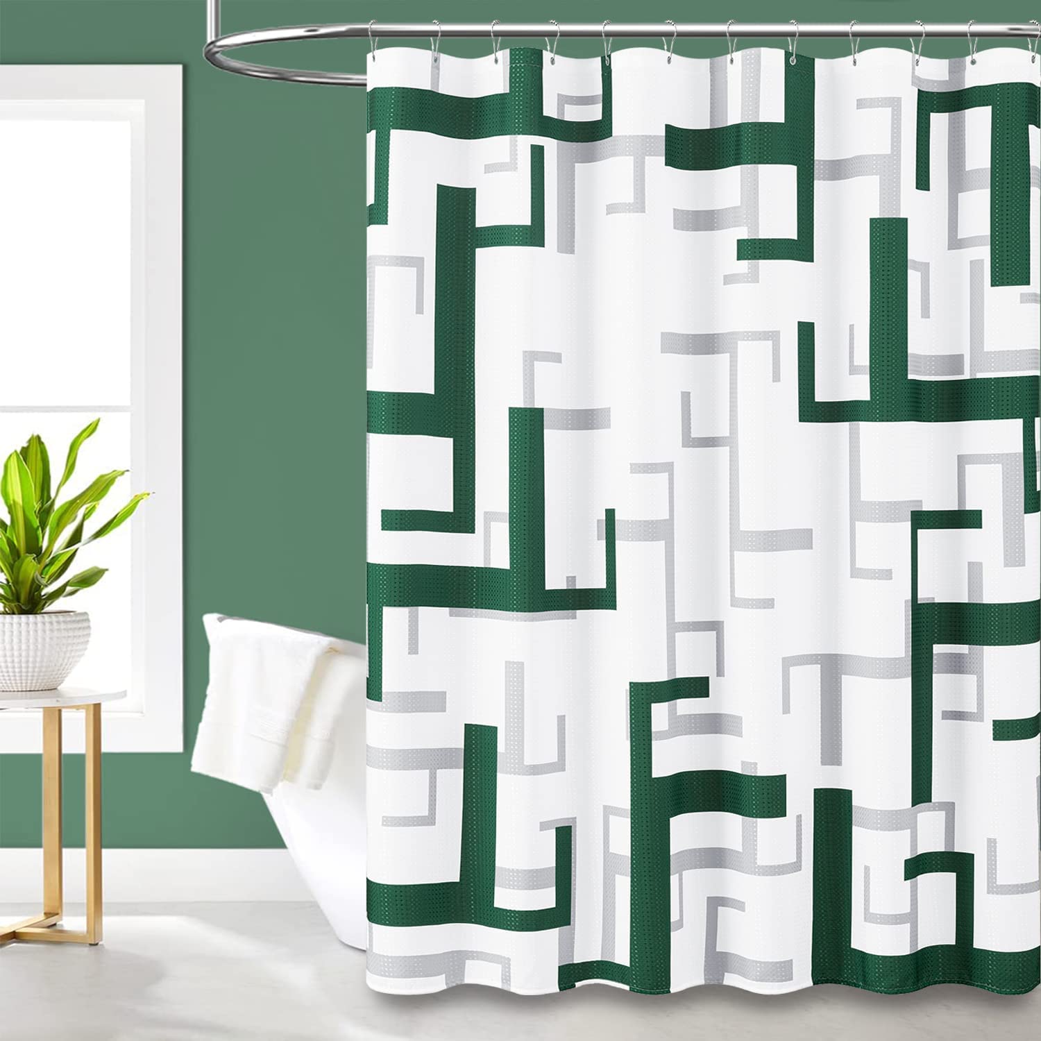 Emerald Green Shower Curtain Geometric Waffle Weave Fabric Shower