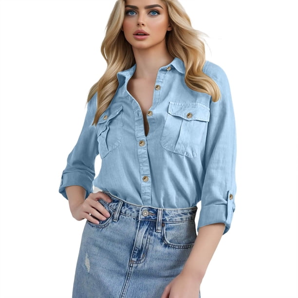 Camisa vaquera informal de manga larga con cuello para mujer: abotonada, poliéster-spandex, corte holgado para el día a día, el trabajo o el colegio.