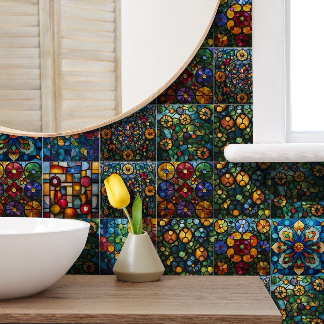 24Sheets Tile Wall Sticker Kitchen Backsplash 7.87" x 7.87" Removable Waterproof PVC Multicolor Flowers DIY Decals Peel and Stick Tiles