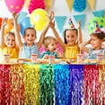 thumbnail image 4 of HongHeng 1 Pack Rainbow Foil Fringe Tinsel Table Skirts Disposable Table Skirt Banner for Rectangle Tables Tinsel Backdrop Curtain Party Supplies Wedding Parade Floats Decorations, 4 of 6