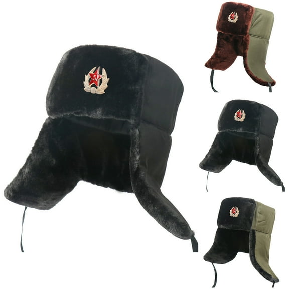 Grandest Birch Earflap Hat Star Badge Thickened Soft Faux Fur Plush Lining Ears Protection Windproof Winter Men Women Hunting Motorcycle Lei Feng Cap for Outdoor