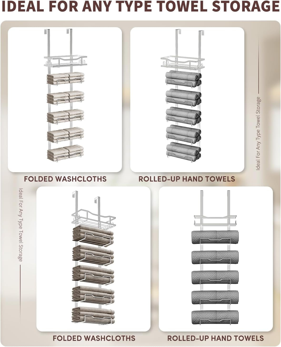 Hanging Towel Racks for Bathroom No Drill - Over The Door 6-Tier Bath Towel Storage Organizer for Small Bathrooms - Back Door Large Tiered Towel Holder Hanger for Rolled Towels