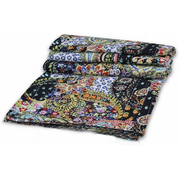 Yuvancrafts Indian Handmade Kantha Quilt Hand Block Floral Print Twin Size Kantha Bedspread Throw Quilt Blanket