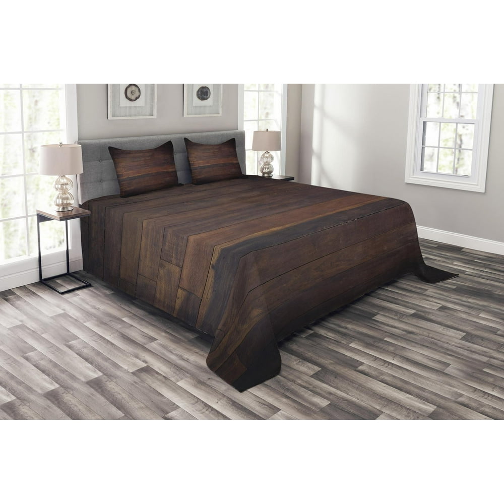 Chocolate Bedspread Set Queen Size, Aged Weathered Dark Timber Oak
