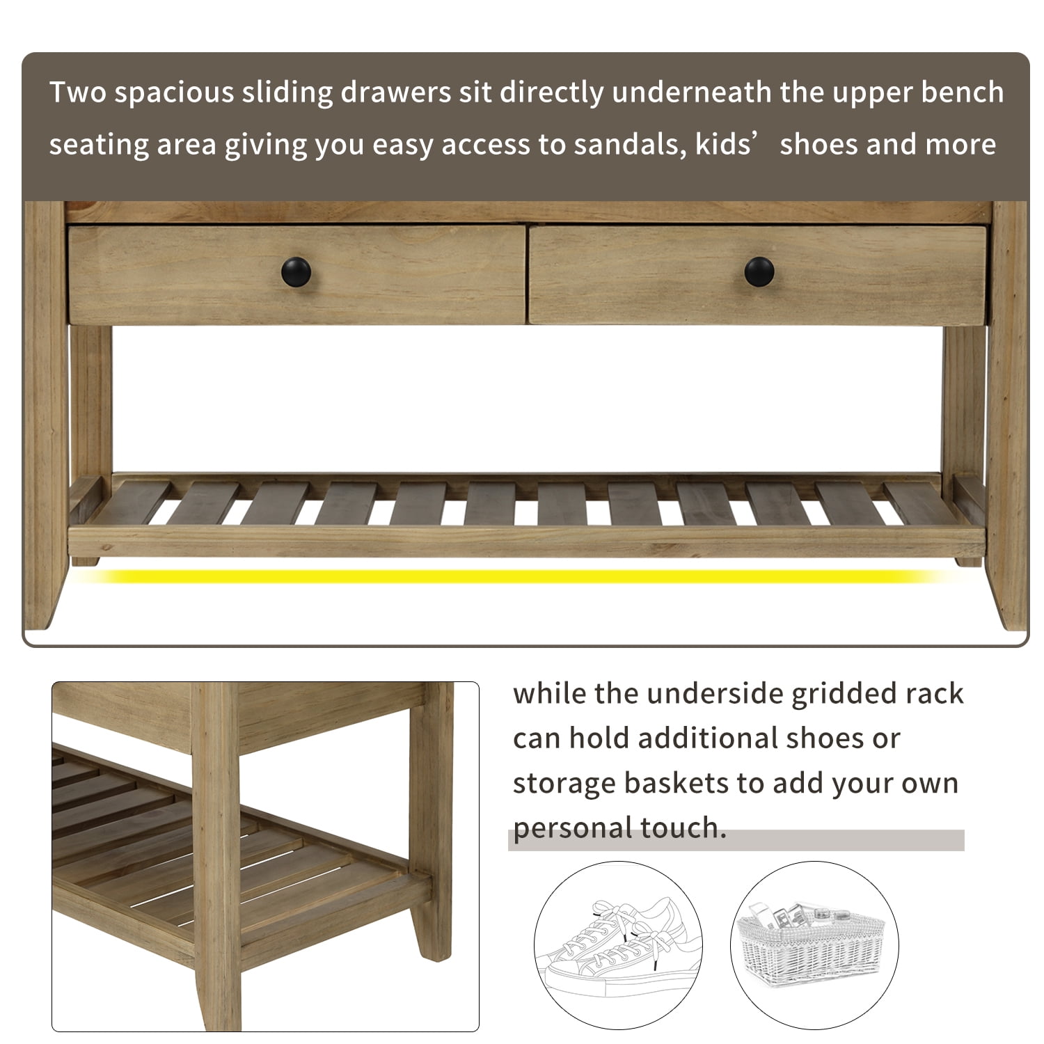 Harper & Bright Designs Shoe Rack with Cushioned Seat and Drawers, Multipurpose Entryway Storage Bench, Gray Wash