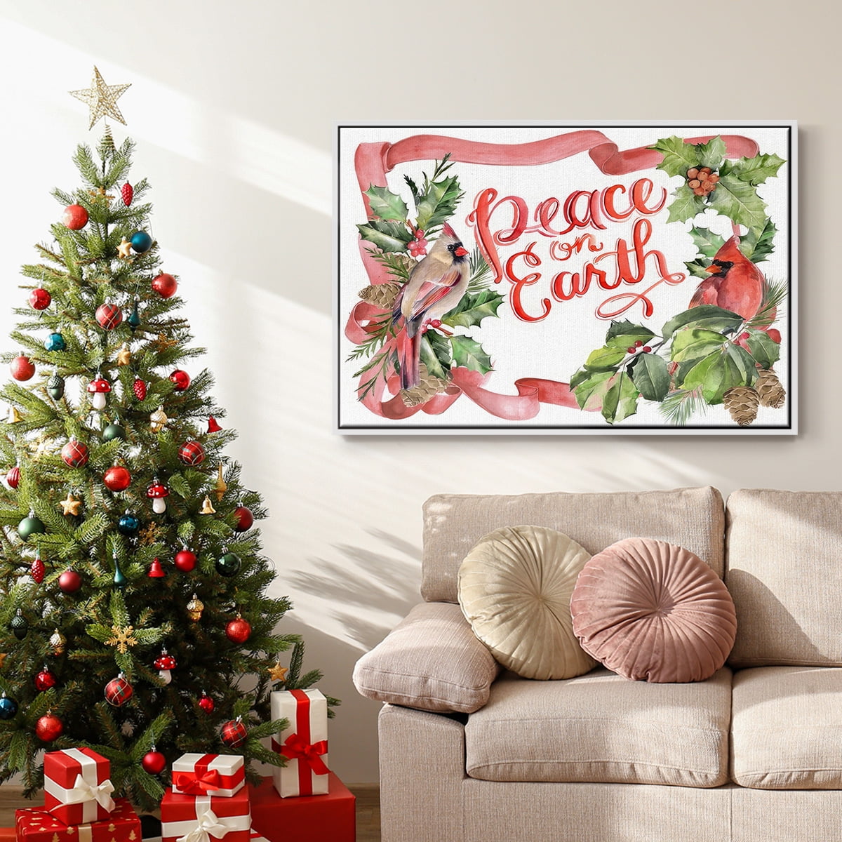 Cardinal Holly Christmas Collection A - Framed Gallery Wrapped Holiday Canvas - 27 x 41 - White Frame