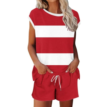 Gaecuw 2 Piece Lounge Set Women for Outside Short Outfits Summer with Pocket Drawstring Striped Tracksuits Sleeveless Round Neck Tops Pajamas Pants Vacation Sets Loungewear Red M