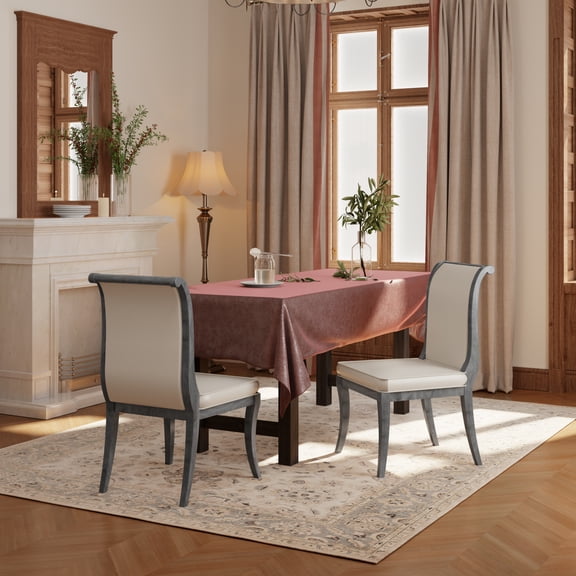 Miekor Furniture Oak Gray Finish Upholstered Dining Chairs Set of 2 - Traditional Elegant Fabric Side Chairs with Curved Lines, Solid Hardwood Frame MK2506