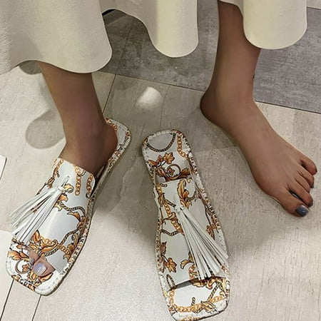 

FITORON Womens Slippers- Casual Fashion Flower Tassel Decoration Flat Sandals and Slippers White 41