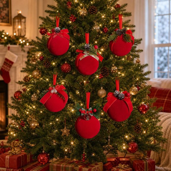 Dmlowu Christmas Tree Decorations, Shatterproof Red Christmas Ball Ornaments with Bow and Pinecones, Vintage Flocked Ornaments for Christmas Tree Holiday Decor