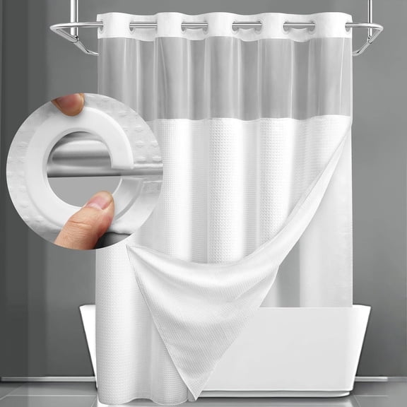 Behome No Hook Shower Curtain, Double-layer Waterproof Waffle-textured Thick Fabric Shower Curtain, Hookless Shower Curtain with Snap in Liner  for Bathroom, 71Wx74H, White