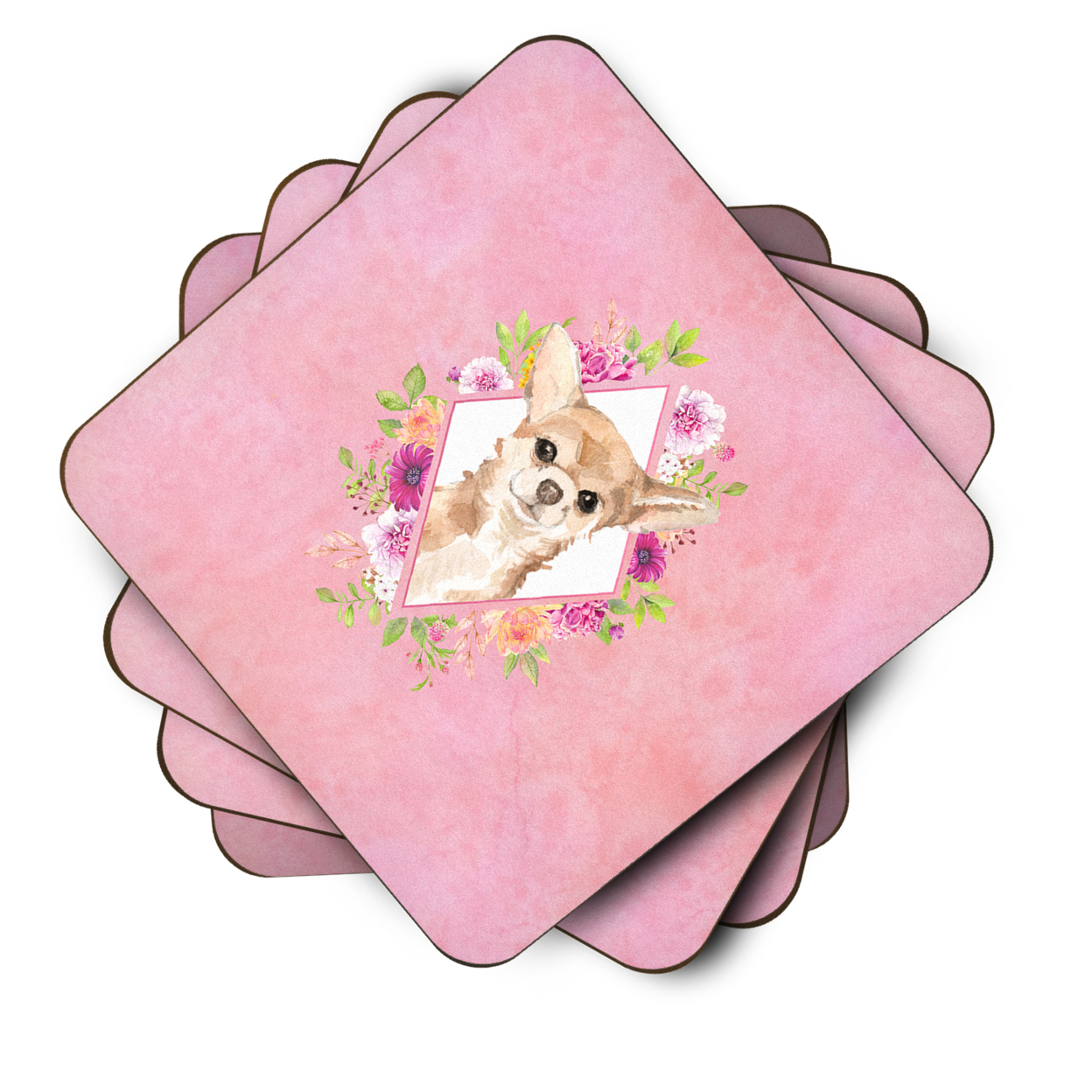 Carolines Treasures CK4245FC Chihuahua Pink Flowers Foam Coaster Set of 4 3 1/2 x 3 1/2 multicolor