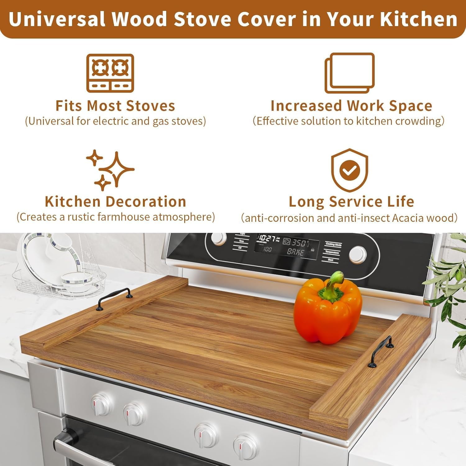 Noodle Board Stove Cover with Handles for Electric, Gas Stove Top 22 "x 30 "Acacia Wood Range Stovetop Protector