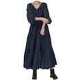 thumbnail image 3 of Jinhomg Womens Casual Summer Dress Lightweight Breathable Cotton Linen Maxi Dress Loose Fit Comfy Puffer Sleeve V-Neck Tiered Dress Vacation Dress Blue S, 3 of 7
