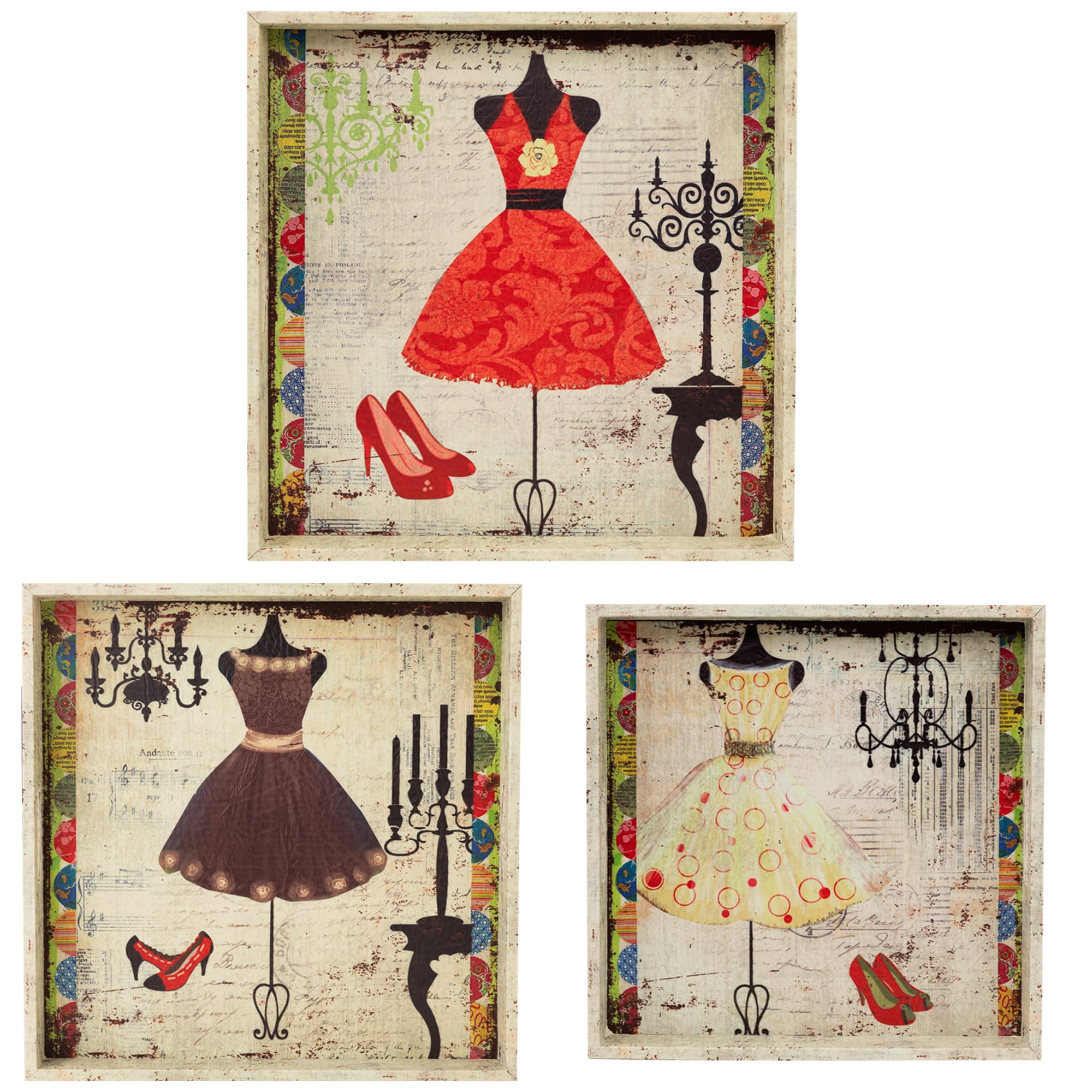 Northlight Set of 3 Vintage-Style Fashion and Dresses Square Wooden Serving Trays - White/Brown