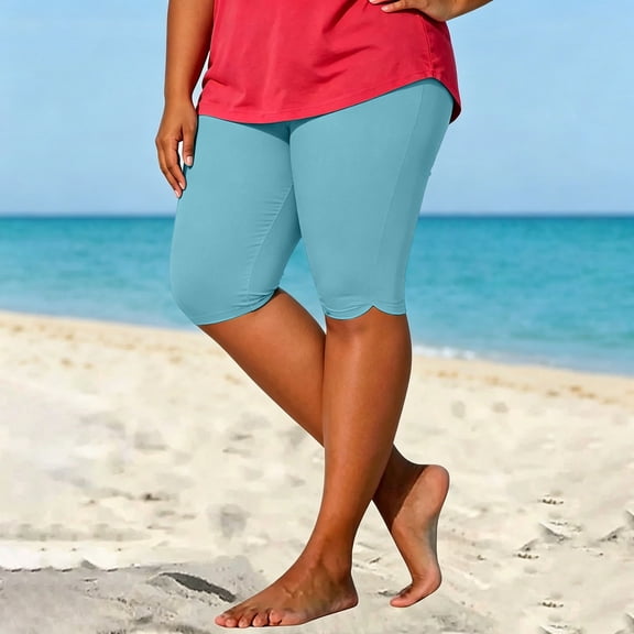 Oiangi Plus Size Short Leggings for Women Scalloped Hem Slim Fit Long Shorts Casual Stretchy Seamless Shorts for Summer Beach Light Blue 5XL