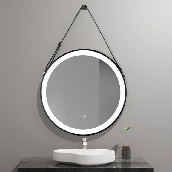 LED Lighted 32" Wall Mounted Black Framed Bathroom Vanity Round Mirror with Hanging Belt