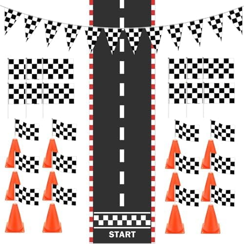 Traffic Cones And Racing Checkered Flags, Race Car Party Decorations Include 24P Hand Held Checkered Flag 12P Mini Traffic Cones 1 Racetrack Floor Running 1 Hanging Racing Flags